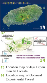13(top) : Location map of Jeju Experimen tal Forests, 14(bottom) : Location map of Gotjawal Experimental Forest