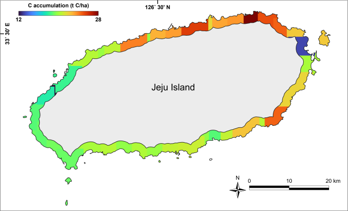 Estimated present carbon  storage map of Jeju coastal  area